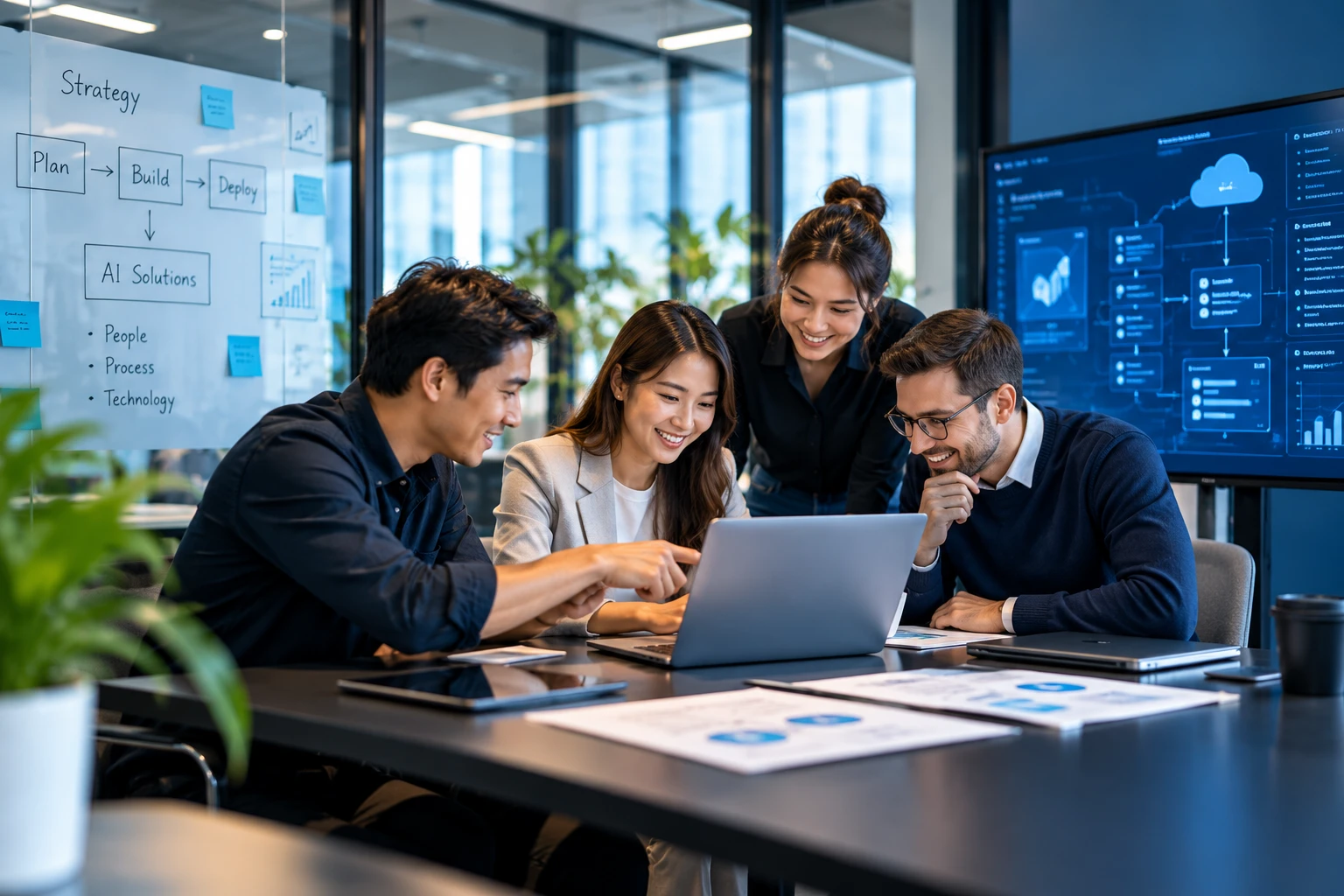 Four colleagues working together around a laptop in a modern office