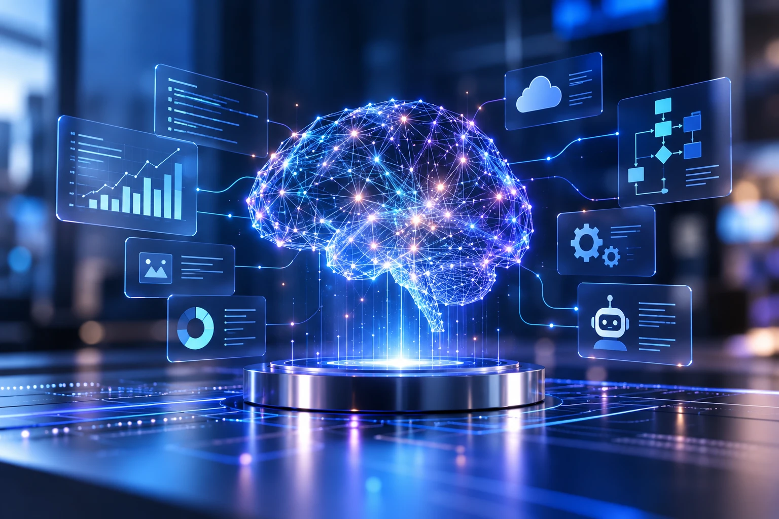 Glowing digital brain connected to panels of charts, workflows, and tools