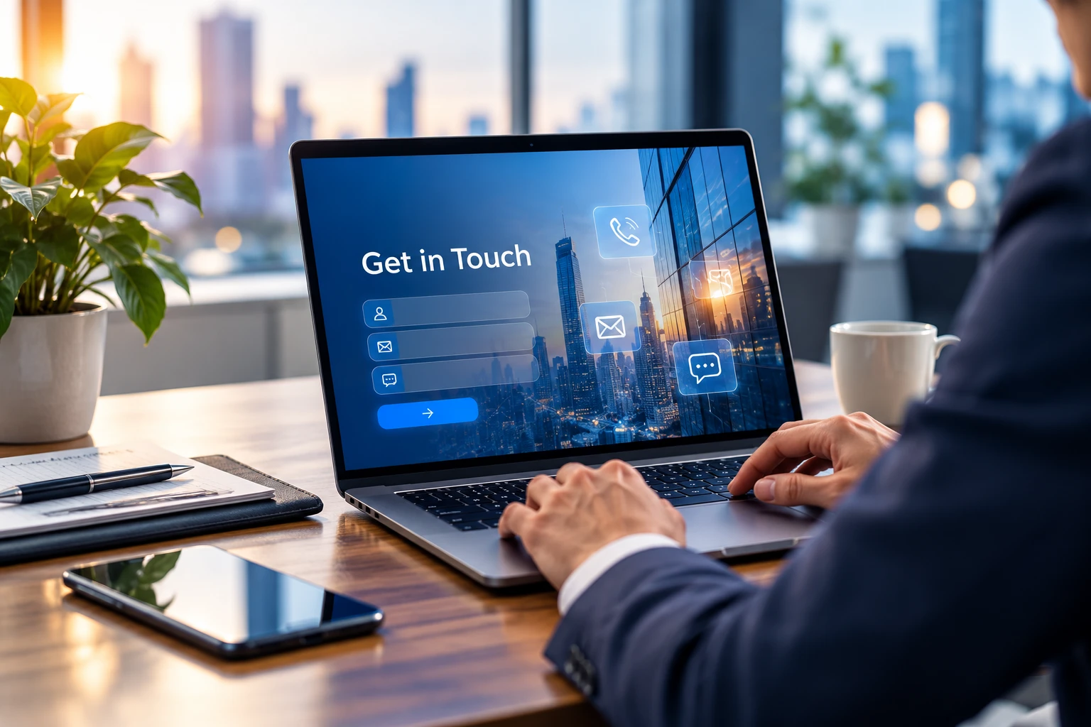 Person at a laptop showing a Get in Touch screen, with a city view behind