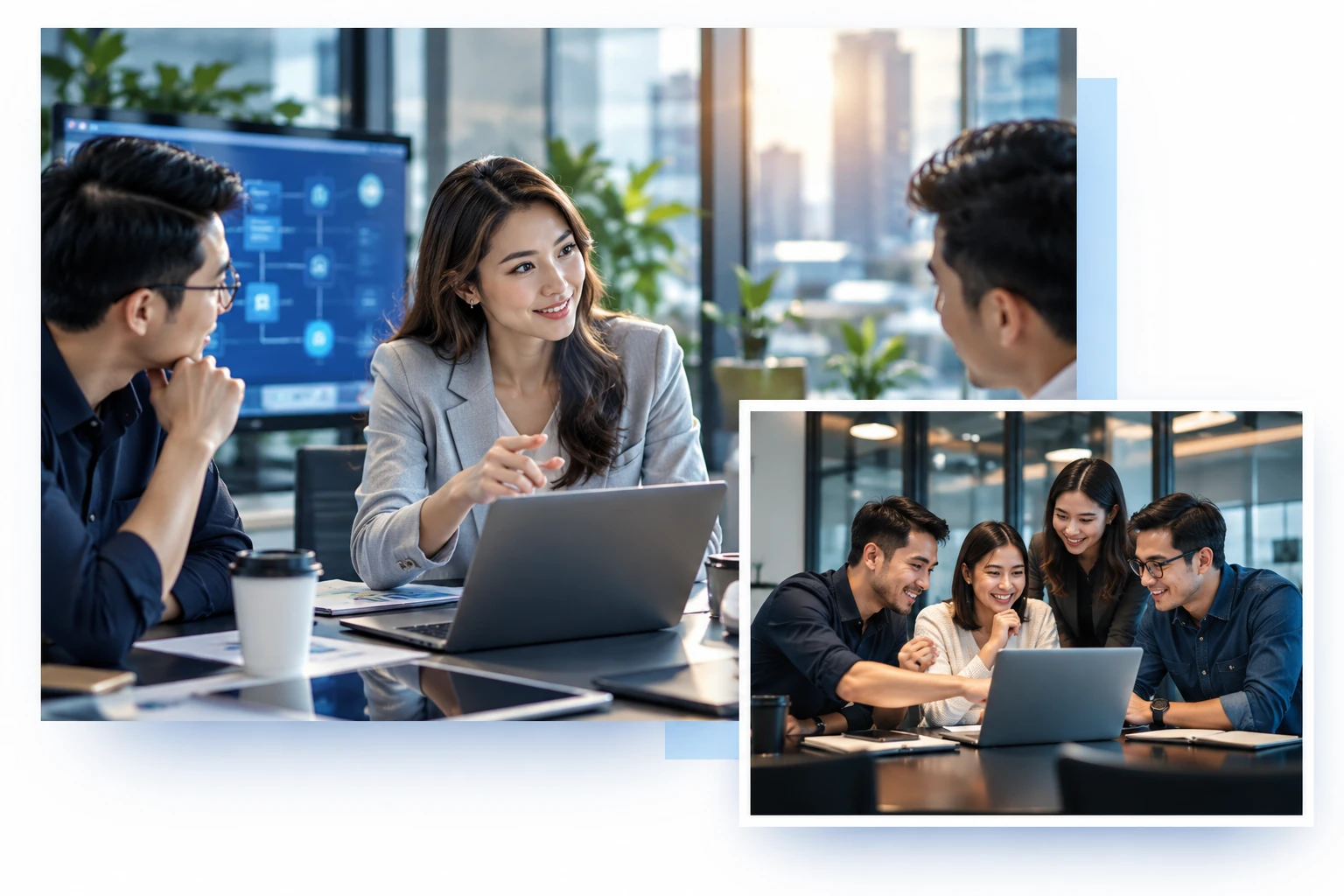 Colleagues in discussion at a laptop, with a second photo of a team gathered around a screen