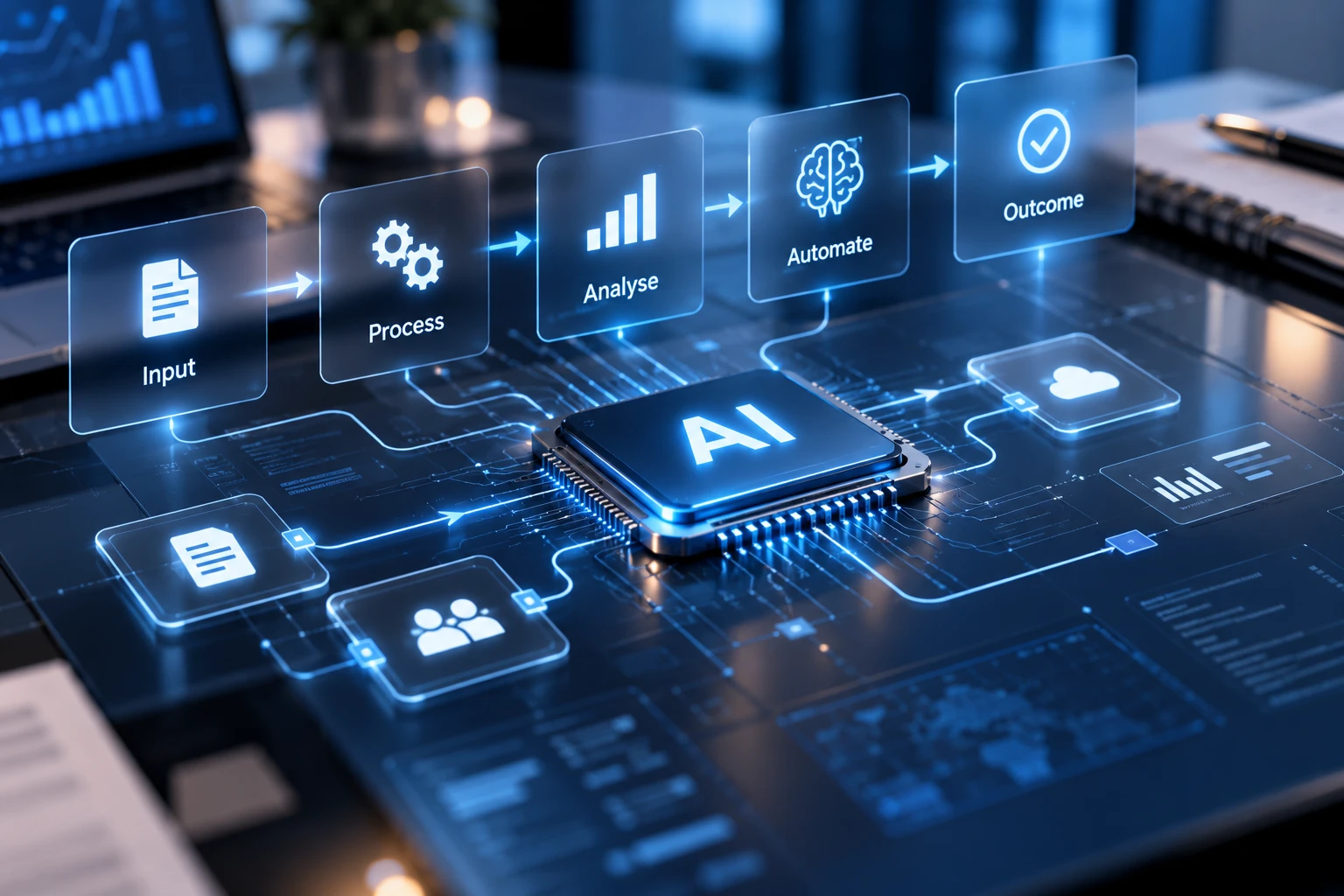 AI chip at the center of a workflow running from input to outcome