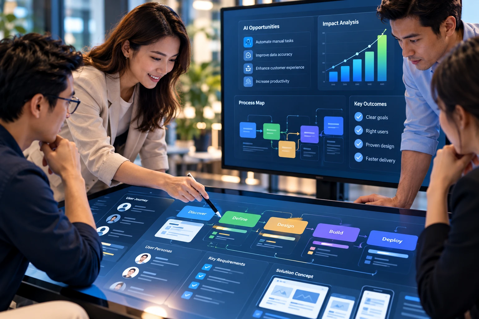 Team mapping a project from discover to deploy on a large touch table