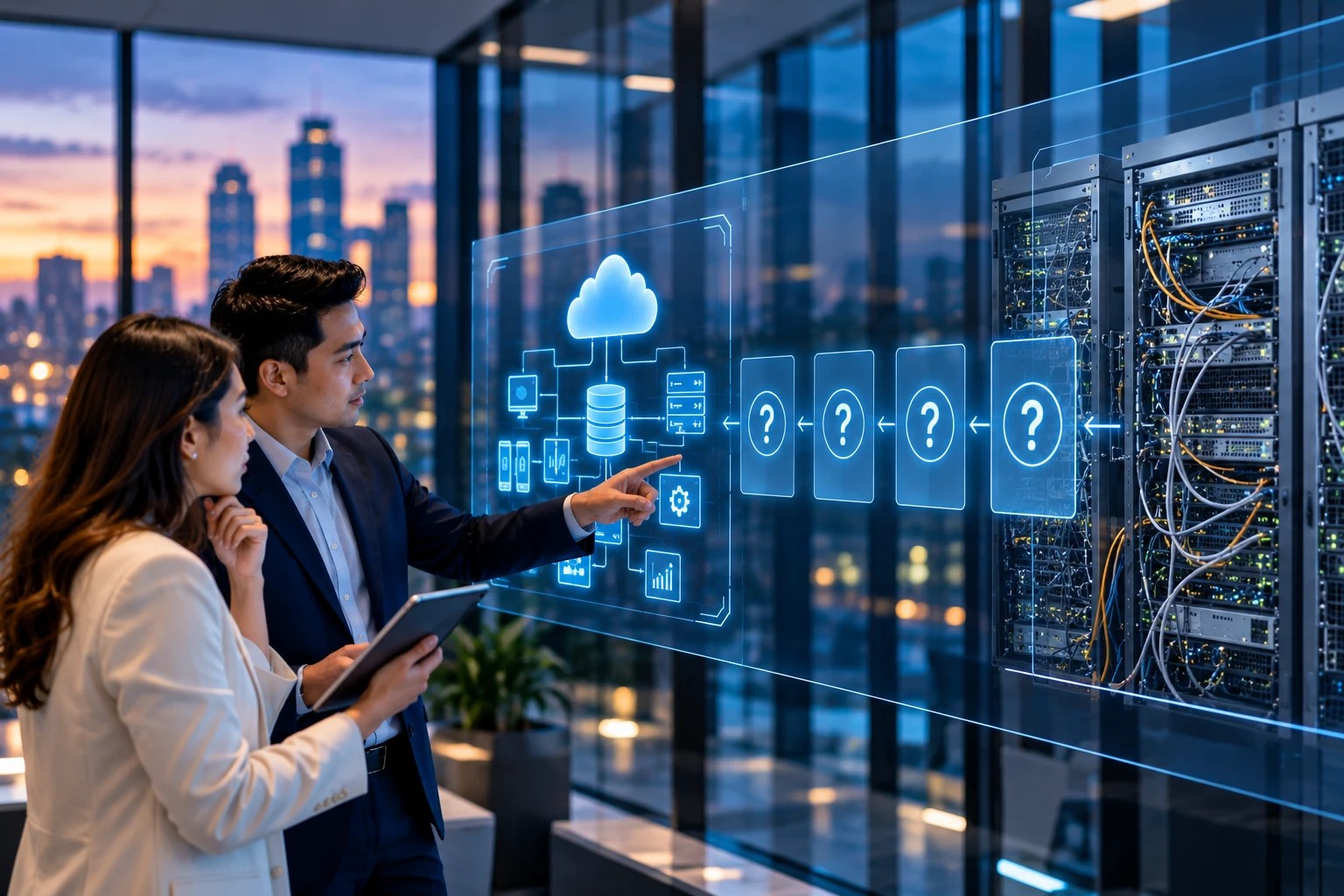 Two consultants reviewing four questions between an older server rack and a modern connected system