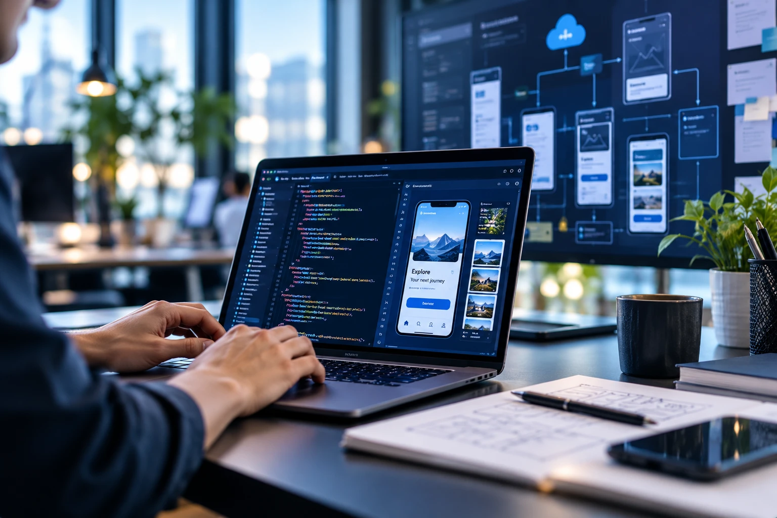 Developer at a laptop showing code and a mobile app design